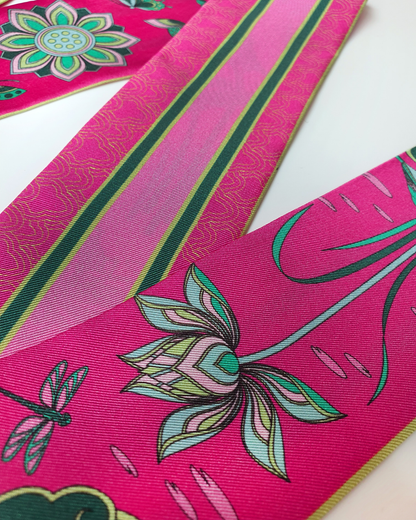 Quà Tặng Cao Cấp / Khăn Twilly Lụa Cố Đô Liên Hoạ / Hồng & Xanh Lá / 6cm x 150cm