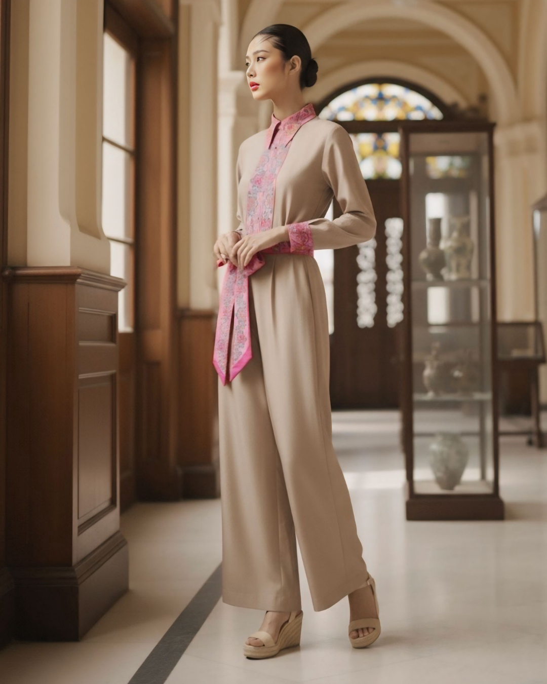 Bộ Lụa Công Sở / Họa tiết Lụa Trơn Be Hồng & Twilly Phụng Vũ Vân Ca Hồng