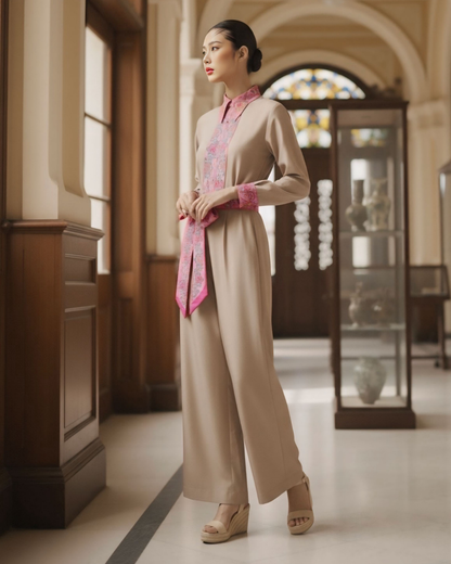 Bộ Lụa Công Sở / Họa tiết Lụa Trơn Be Hồng & Twilly Phụng Vũ Vân Ca Hồng