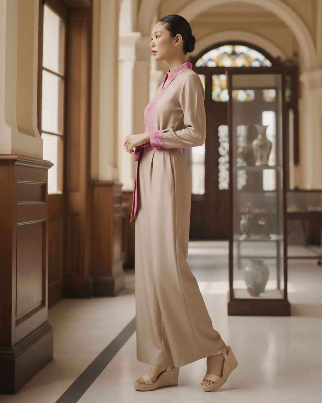 Bộ Lụa Công Sở / Họa tiết Lụa Trơn Be Hồng & Twilly Phụng Vũ Vân Ca Hồng