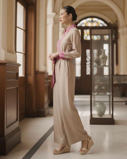 Bộ Lụa Công Sở / Họa tiết Lụa Trơn Be Hồng & Twilly Phụng Vũ Vân Ca Hồng