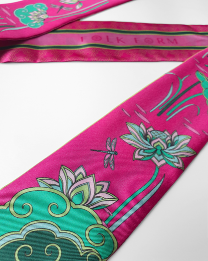 Quà Tặng Cao Cấp / Khăn Twilly Lụa Cố Đô Liên Hoạ / Hồng & Xanh Lá / 6cm x 150cm