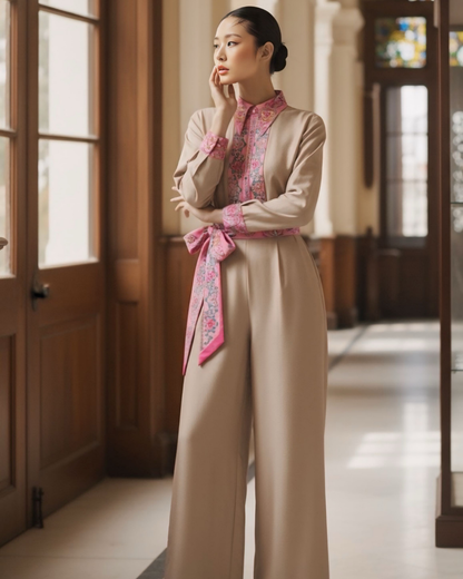 Bộ Lụa Công Sở / Họa tiết Lụa Trơn Be Hồng & Twilly Phụng Vũ Vân Ca Hồng