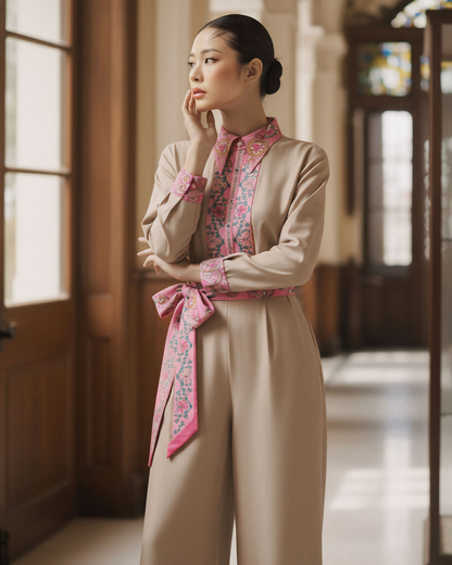 Bộ Lụa Công Sở / Họa tiết Lụa Trơn Be Hồng & Twilly Phụng Vũ Vân Ca Hồng