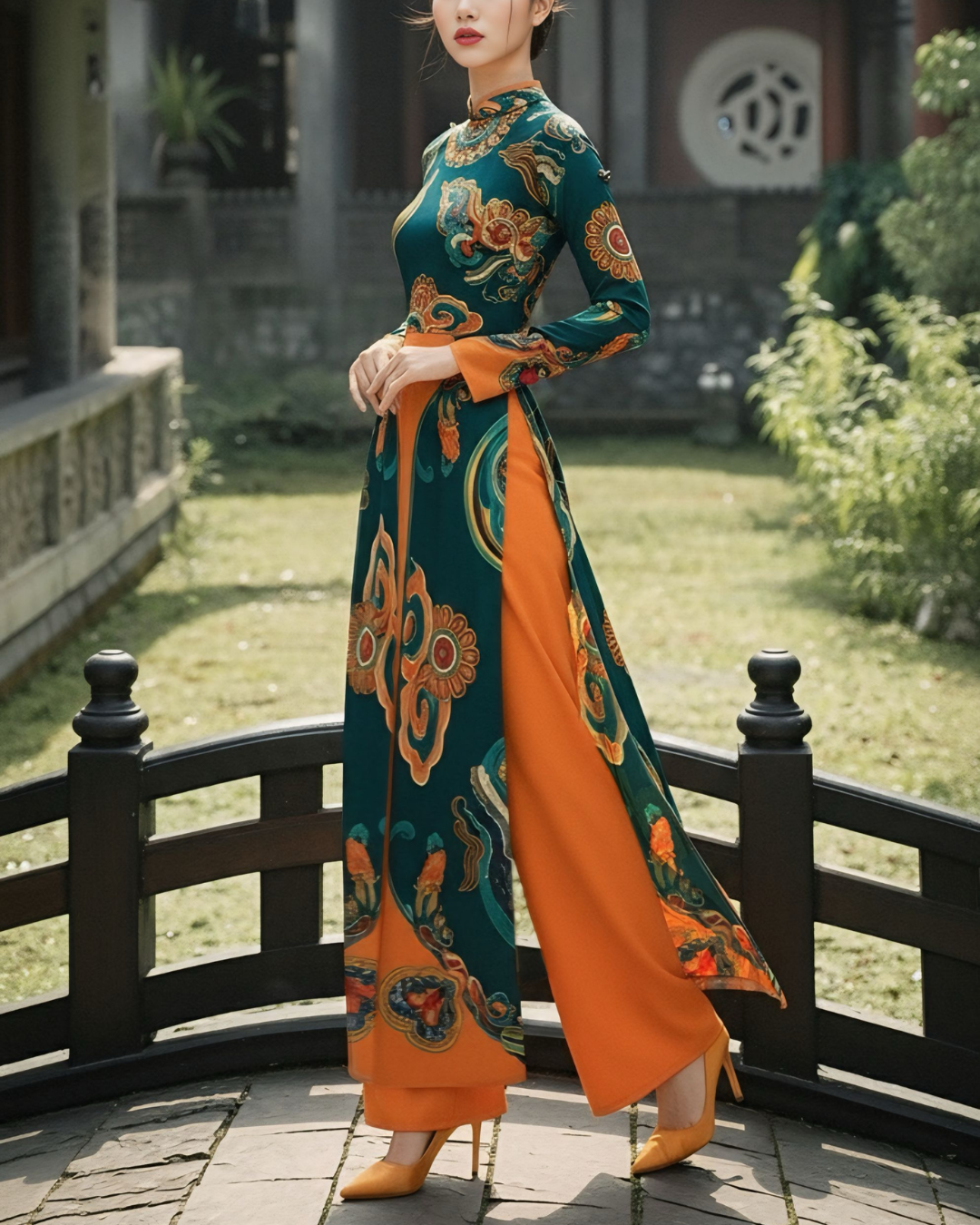 Áo Dài Lụa Truyền Thống / Họa tiết Hương Vân Long Mộng Xanh Lá & Da Cam