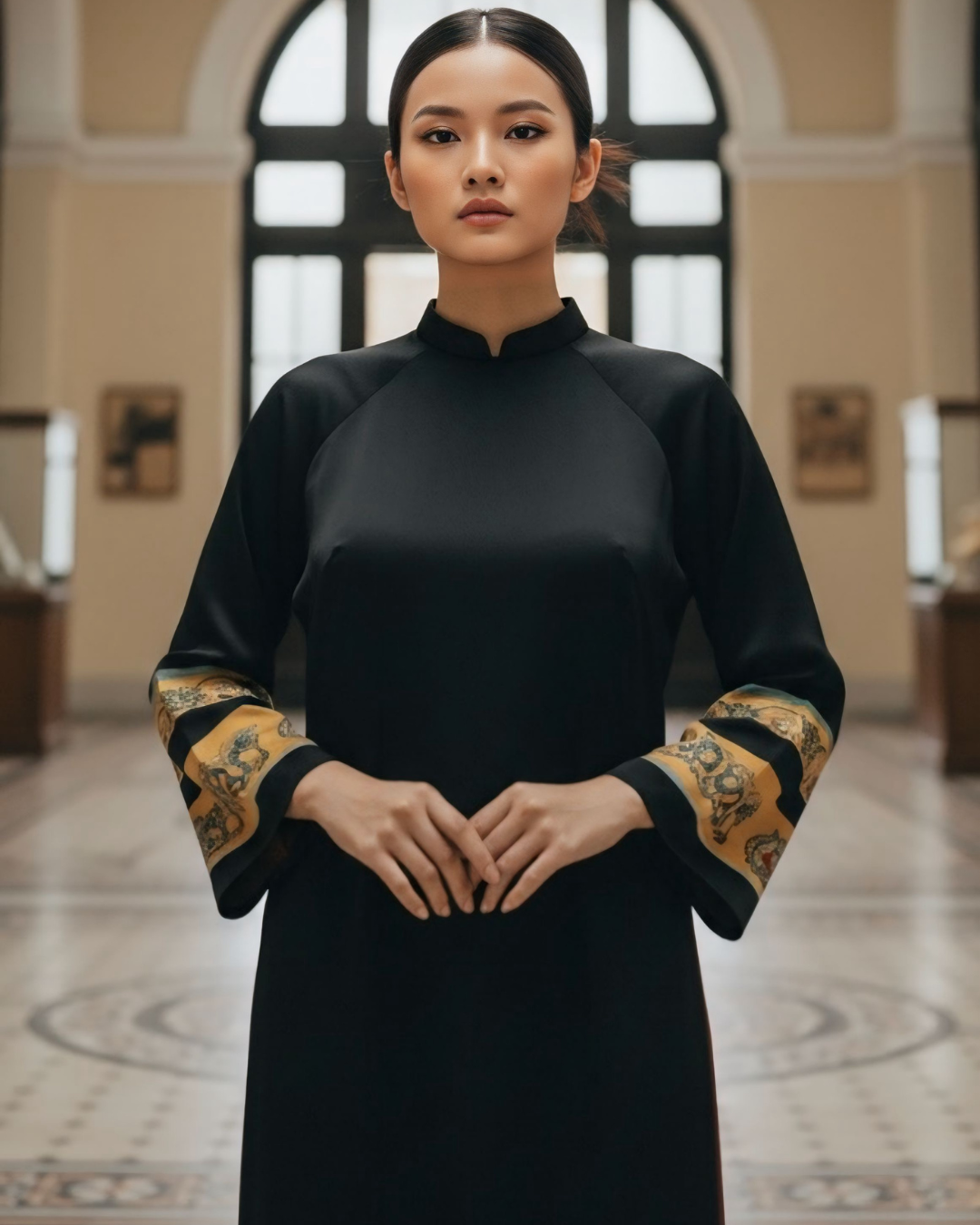 Áo Dài Lụa Tay Loa / Họa tiết Lụa Trơn Đen Vàng & Twilly Mây Hoạ Long Ân Vàng