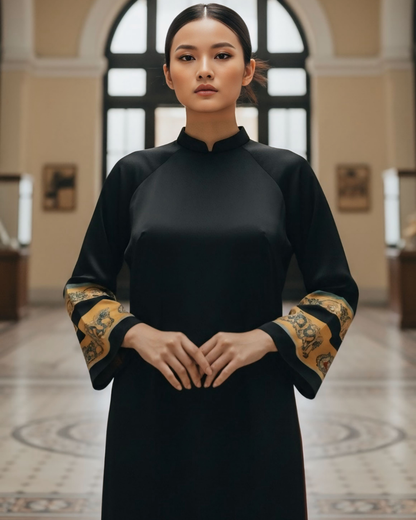 Áo Dài Lụa Tay Loa / Họa tiết Lụa Trơn Đen Vàng & Twilly Mây Hoạ Long Ân Vàng