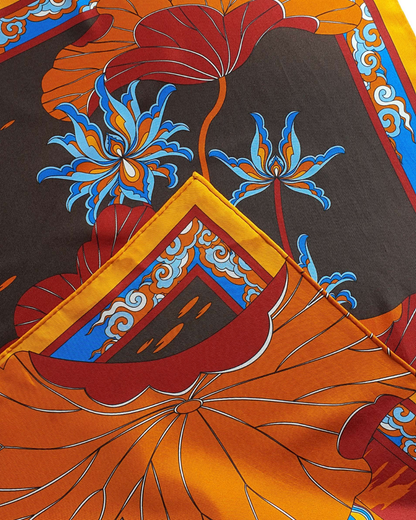 Khăn Lụa Uyên Ương Liên Hạ / Nâu & Da Cam / 90x90cm / 36x36in