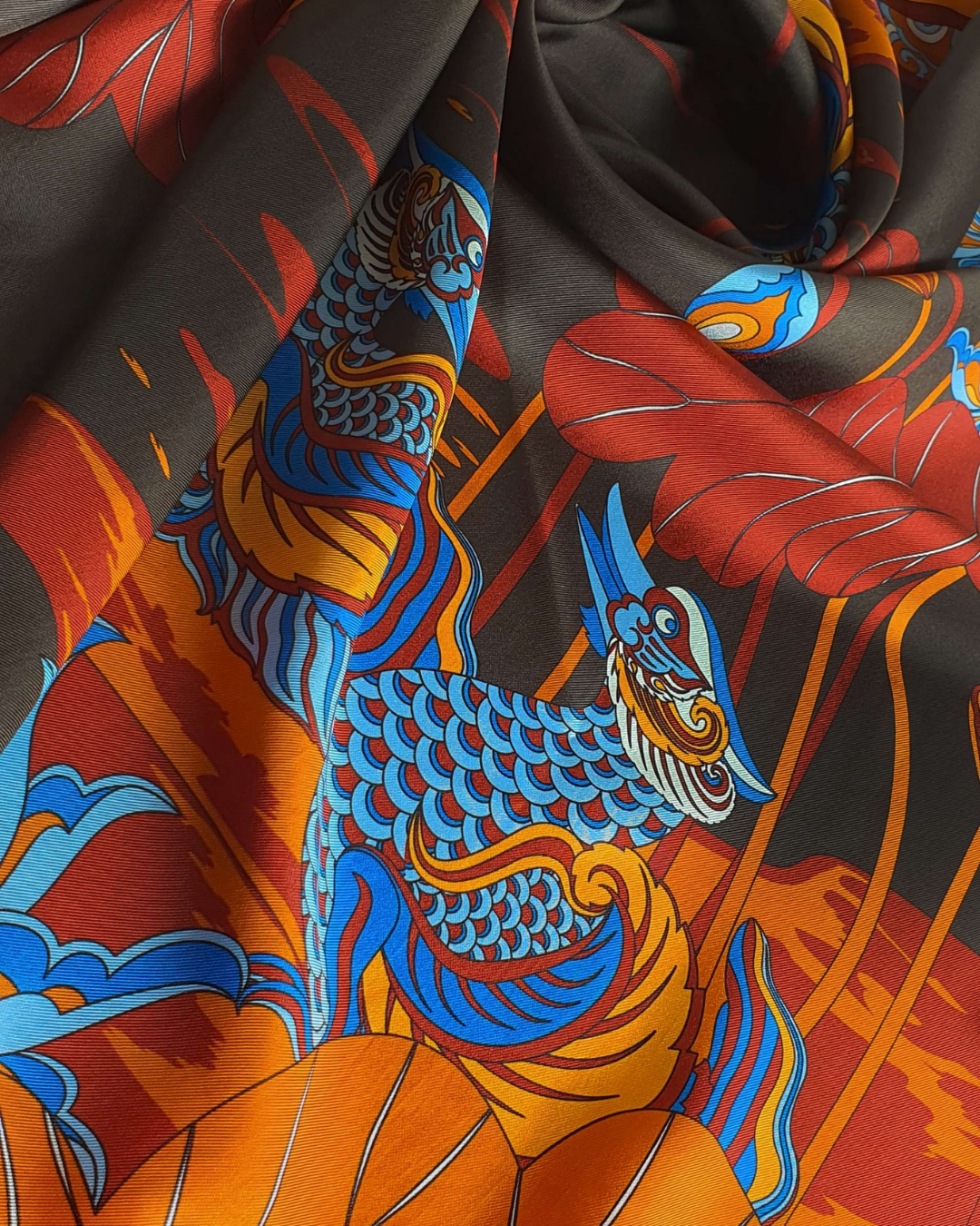 Khăn Lụa Uyên Ương Liên Hạ / Nâu & Da Cam / 90x90cm / 36x36in
