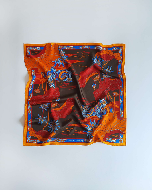 Khăn Lụa Uyên Ương Liên Hạ / Nâu & Da Cam / 55x55cm / 22x22in