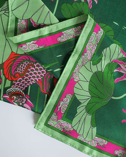 Khăn Lụa Uyên Ương Liên Hạ / Xanh Lá & Hồng / 110x110