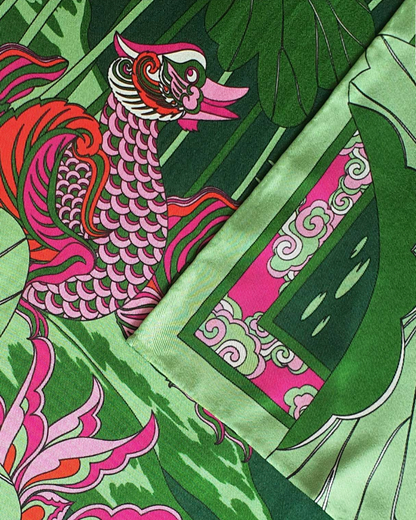 Khăn Lụa Uyên Ương Liên Hạ / Xanh Lá & Hồng / 110x110