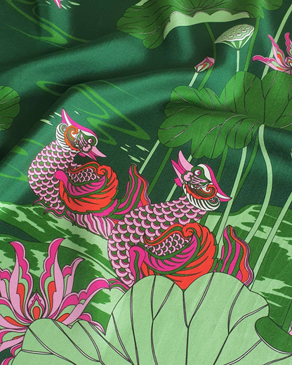 Khăn Lụa Uyên Ương Liên Hạ / Xanh Lá & Hồng / 65x65cm / 26x26in