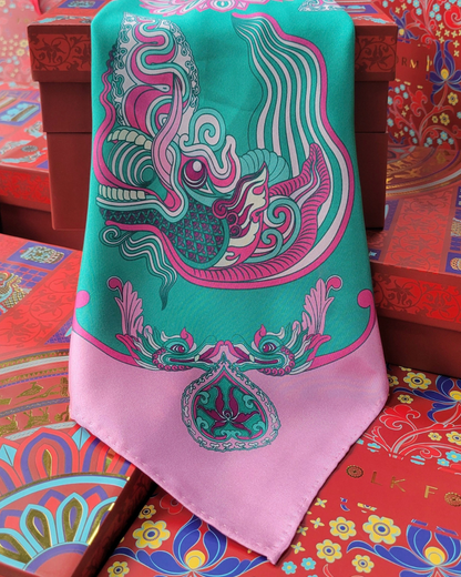 Quà Tặng Cao Cấp Tinh Sắc / Khăn Lụa Vuông Hương Vân Long Mộng / Xanh Ngọc & Hồng