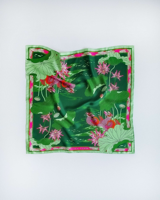 Khăn Lụa Uyên Ương Liên Hạ / Xanh Lá & Hồng / 55x55cm / 22x22in