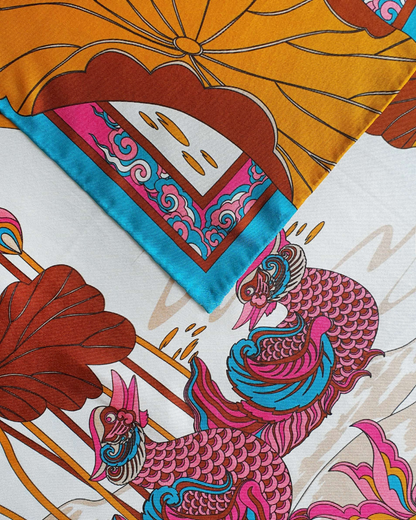 Khăn Lụa Uyên Ương Liên Hạ / Be & Nâu / 65x65cm / 26x26in