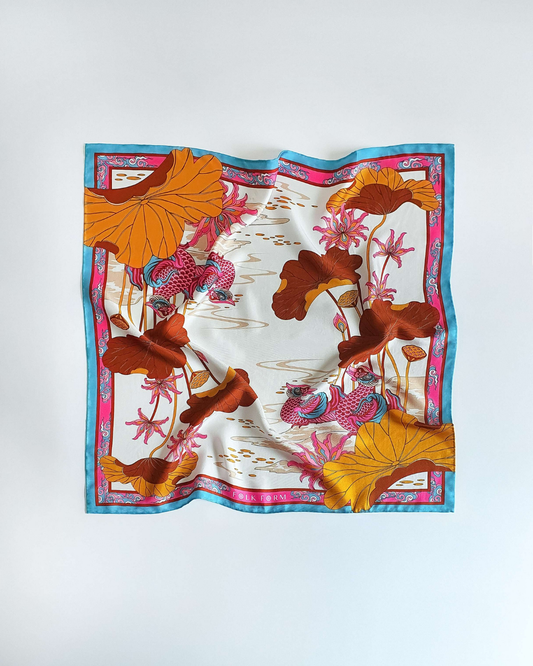 Khăn Lụa Uyên Ương Liên Hạ / Be & Nâu / 65x65cm / 26x26in