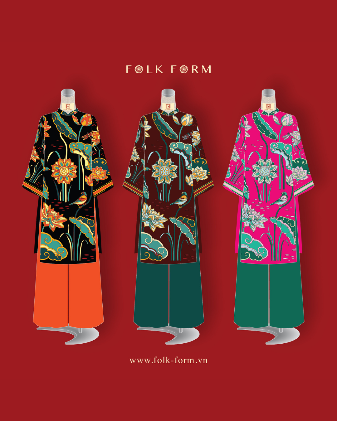 Áo Dài Tay Loa / Họa tiết Cố Đô Liên Hoạ Hồng & Xanh Lá