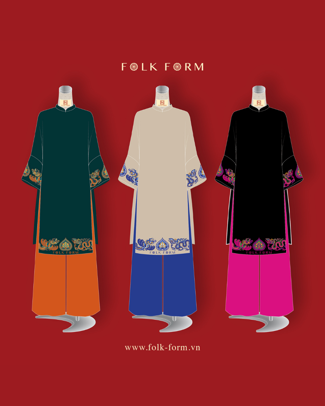 Áo Dài Tay Loa / Họa tiết Lý Quốc Ký Sự Be & Xanh Dương