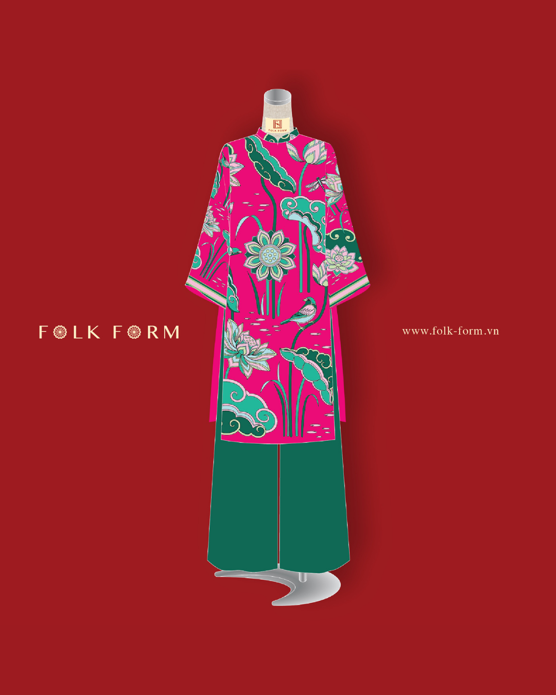 Áo Dài Lụa Tay Loa / Họa tiết Cố Đô Liên Hoạ Hồng & Xanh Lá