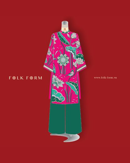 Áo Dài Lụa Tay Loa / Họa tiết Cố Đô Liên Hoạ Hồng & Xanh Lá