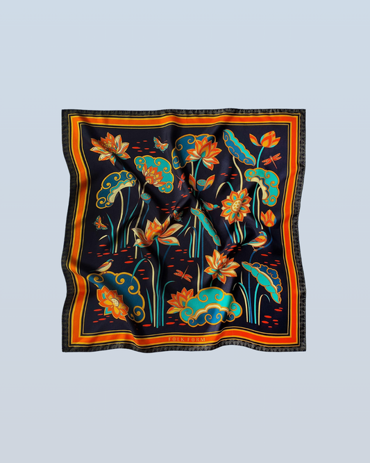 Khăn Lụa Cố Đô Liên Hoạ / Đen & Da Cam / 110x110cm / 44x44in