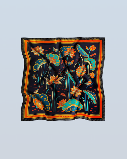 Khăn Lụa Cố Đô Liên Hoạ / Đen & Da Cam / 90x90cm / 36x36in