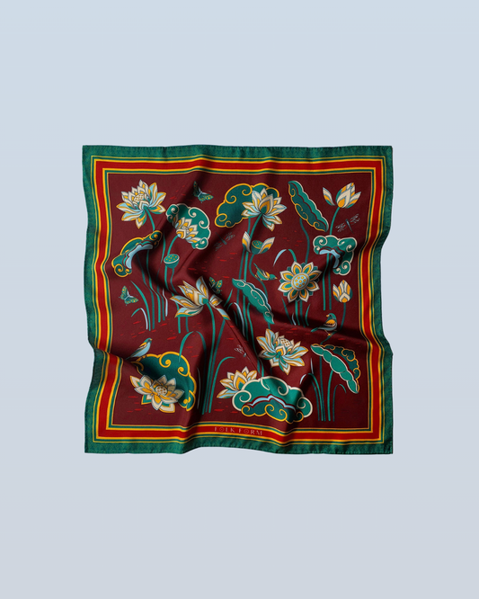 Khăn Lụa Cố Đô Liên Hoạ / Nâu & Xanh Lá Đậm / 110x110cm / 44x44in
