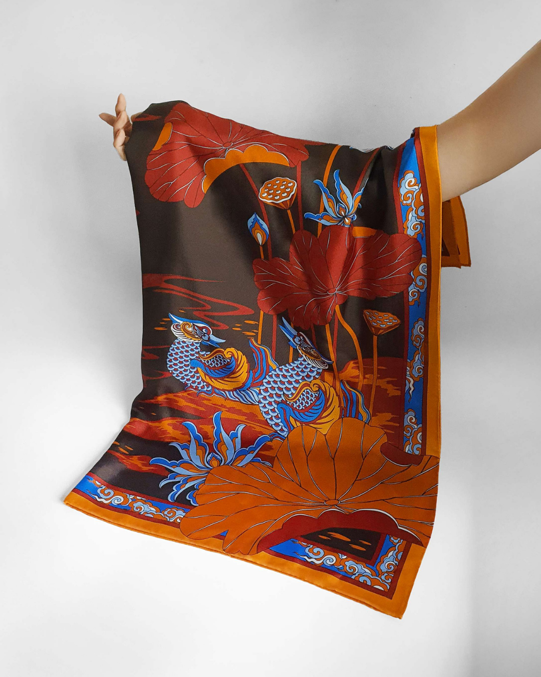 Khăn Lụa Uyên Ương Liên Hạ / Nâu & Da Cam / 65x65cm / 26x26in