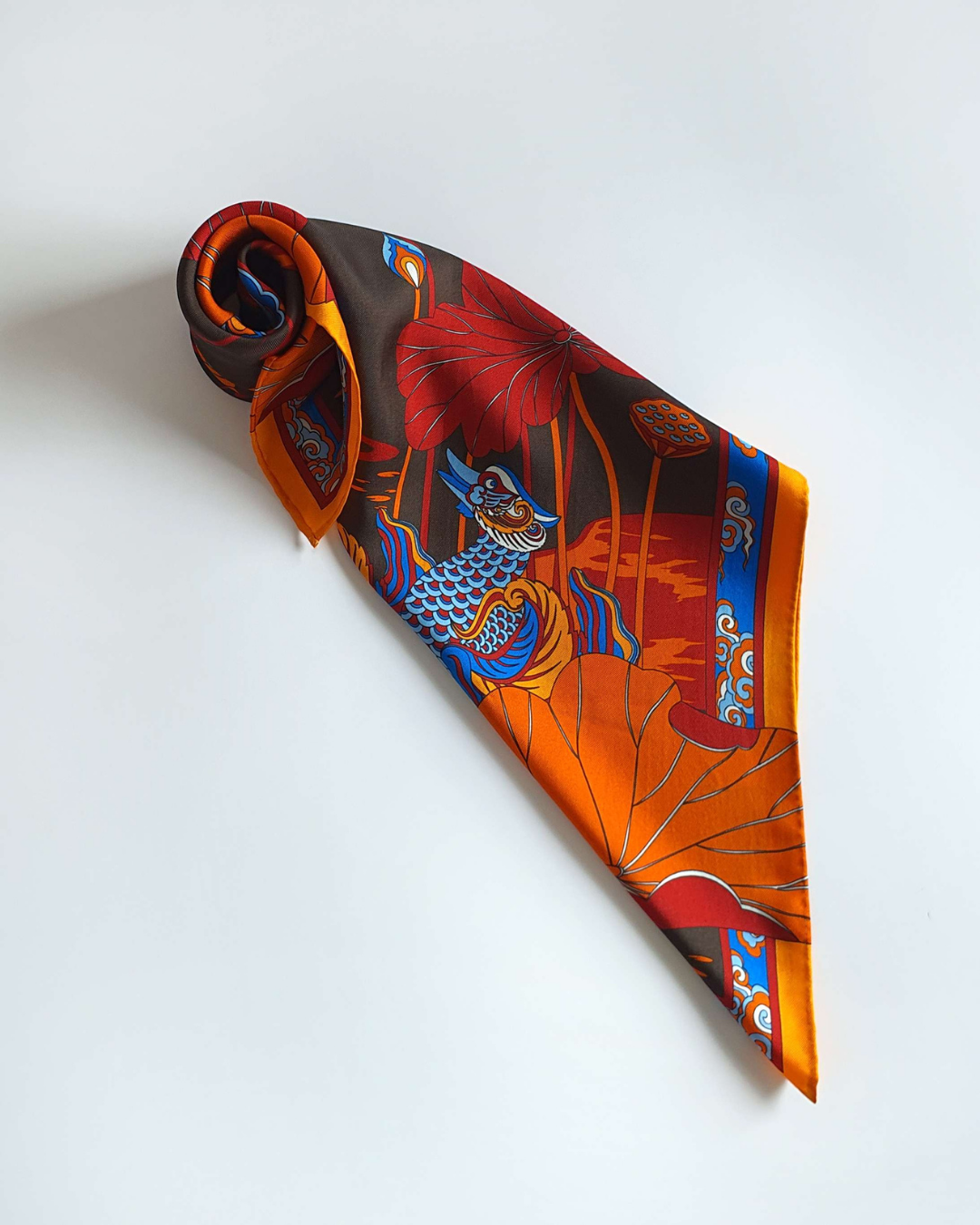 Khăn Lụa Uyên Ương Liên Hạ / Nâu & Da Cam / 55x55cm / 22x22in