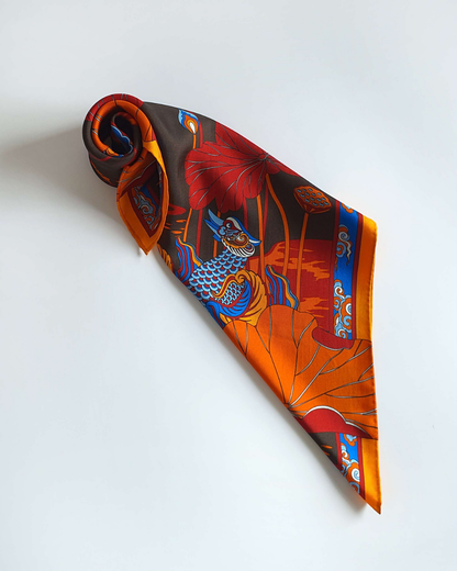 Khăn Lụa Uyên Ương Liên Hạ / Nâu & Da Cam / 55x55cm / 22x22in
