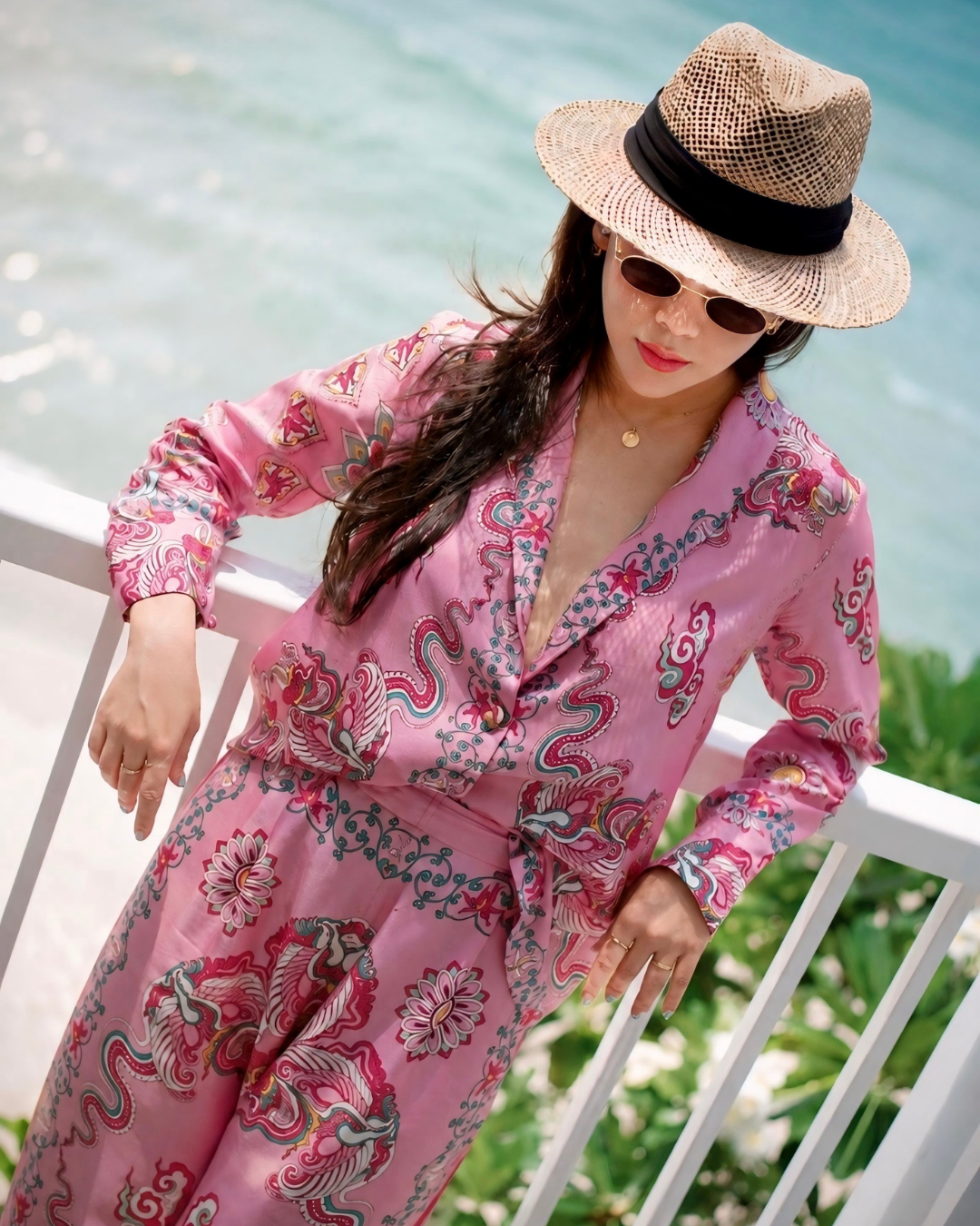 Bộ Vest Lụa / Họa tiết Phụng Vũ Vân Ca Hồng