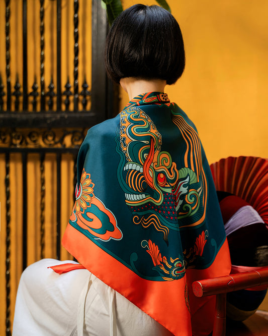 Khăn Lụa Hương Vân Long Mộng / Xanh Lá & Da Cam