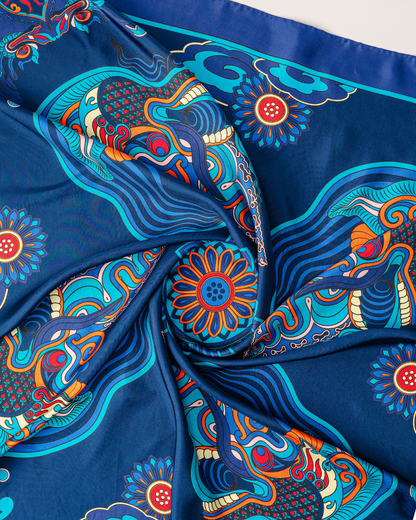 Quà Tặng Cao Cấp Tinh Tế / Khăn Lụa Vuông Hương Vân Long Mộng / Xanh Lam Đậm