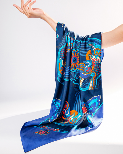 Quà Tặng Cao Cấp Tinh Tế / Khăn Lụa Vuông Hương Vân Long Mộng / Xanh Lam Đậm