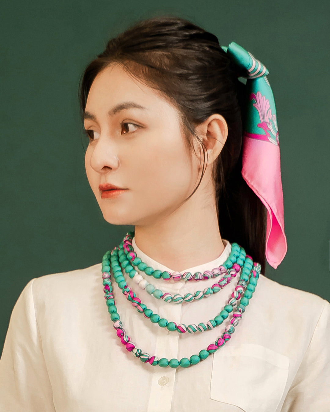 Khăn Lụa Vuông Hương Vân Long Mộng / Xanh Ngọc & Hồng / Quà Tặng Cao Cấp