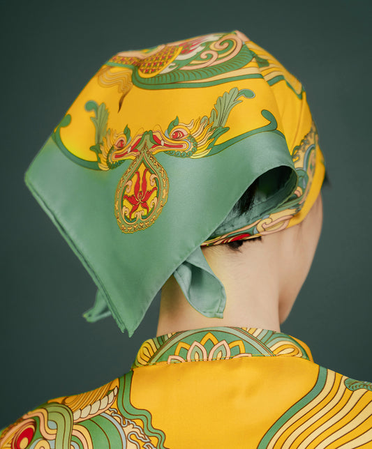 Khăn Lụa Hương Vân Long Mộng / Xanh Lá & Vàng / 55x55