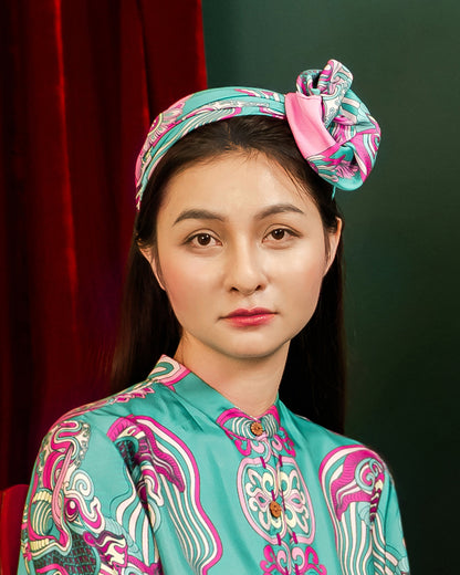 Khăn Lụa Vuông Hương Vân Long Mộng / Xanh Ngọc & Hồng / Quà Tặng Cao Cấp