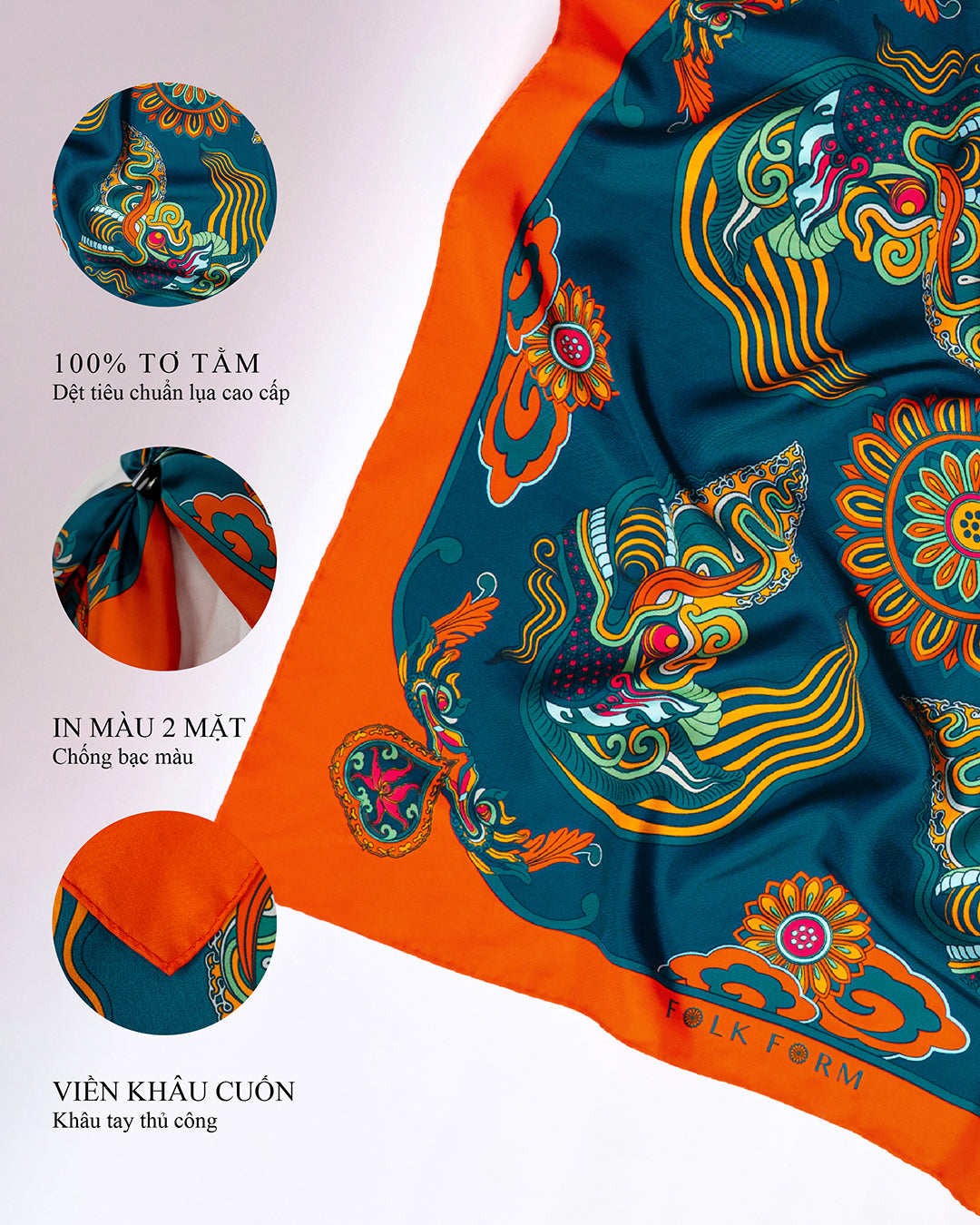 Khăn Lụa Hương Vân Long Mộng / Xanh Lá & Da Cam / 110x110