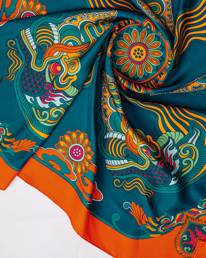 Khăn Lụa Hương Vân Long Mộng / Xanh Lá & Da Cam / 110x110