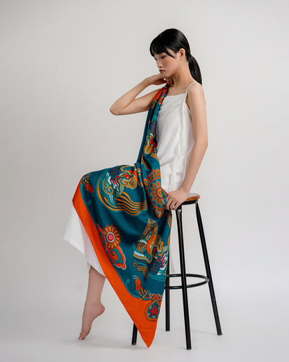 Khăn Lụa Hương Vân Long Mộng / Xanh Lá & Da Cam / 110x110