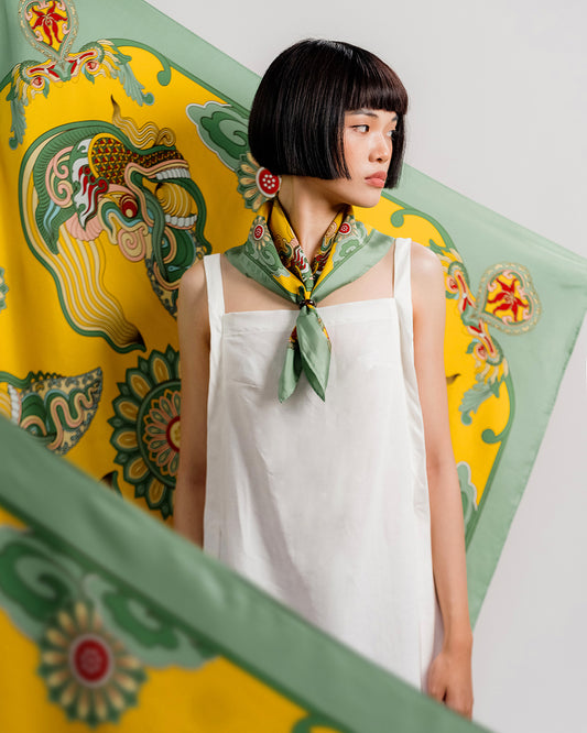 Khăn Lụa Hương Vân Long Mộng / Xanh Lá & Vàng / 110x110
