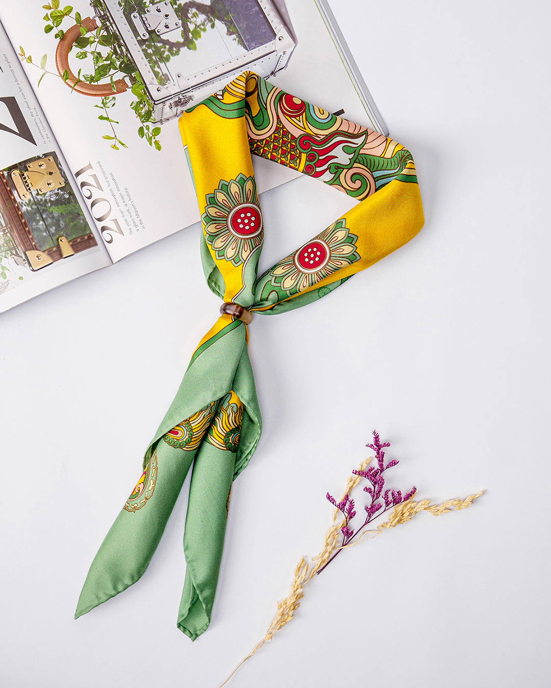 Khăn Lụa Hương Vân Long Mộng / Xanh Lá & Vàng / 55x55