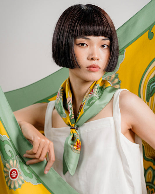 Khăn Lụa Hương Vân Long Mộng / Xanh Lá & Vàng / 55x55