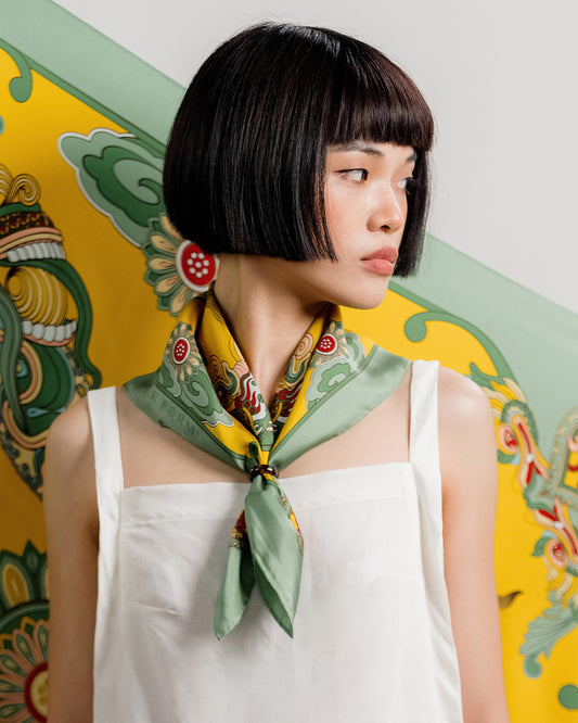 Khăn Lụa Hương Vân Long Mộng / Xanh Lá & Vàng / 65x65