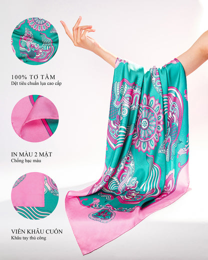 Khăn Lụa Hương Vân Long Mộng / Xanh Ngọc & Hồng / 90x90