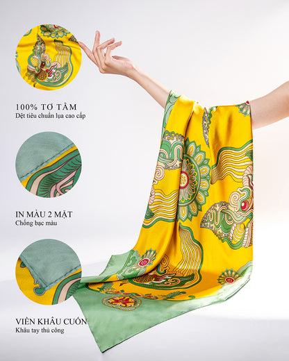 Khăn Lụa Hương Vân Long Mộng / Xanh Lá & Vàng / 90x90
