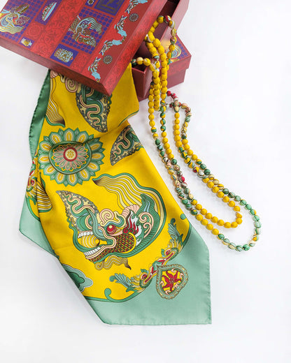 Khăn Lụa Hương Vân Long Mộng / Xanh Lá & Vàng / 90x90