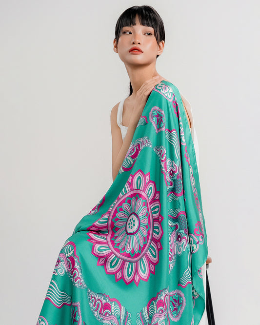 Khăn Lụa Mây Hoạ Long Ân / Xanh Ngọc / 110x110
