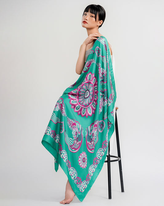 Khăn Lụa Vuông Mây Hoạ Long Ân / Xanh Ngọc